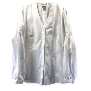 Chicos Women Blouse Top XL Solid Bright White Stripe Long Puff Sleeves Button Up